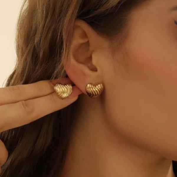 Gold Heart Studs - Fluted Metal Earrings & Chunky Heart Jewelry