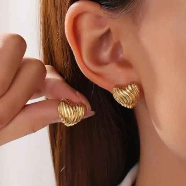 Gold Heart Studs - Fluted Metal Earrings & Chunky Heart Jewelry