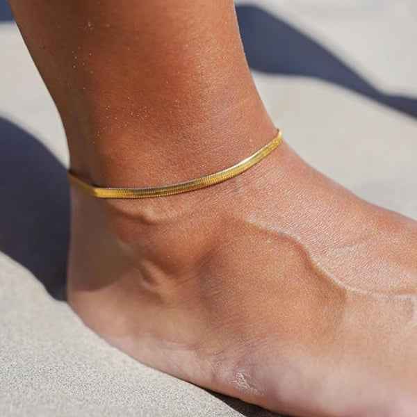 Gold Herringbone Anklet - Snake Chain Anklet for Women, Flat Gold Chain
