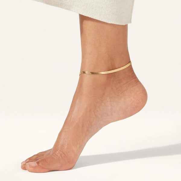 Gold Herringbone Anklet - Snake Chain Anklet for Women, Flat Gold Chain