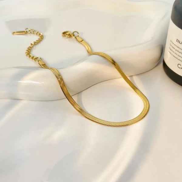 Gold Herringbone Anklet - Snake Chain Anklet for Women, Flat Gold Chain