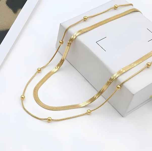 Gold Herringbone Layered Necklace - Dainty Snake Chain Jewelry Set