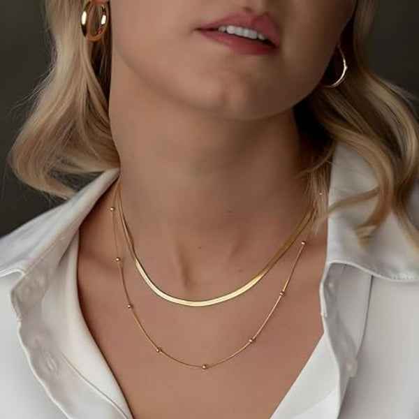 Gold Herringbone Layered Necklace - Dainty Snake Chain Jewelry Set
