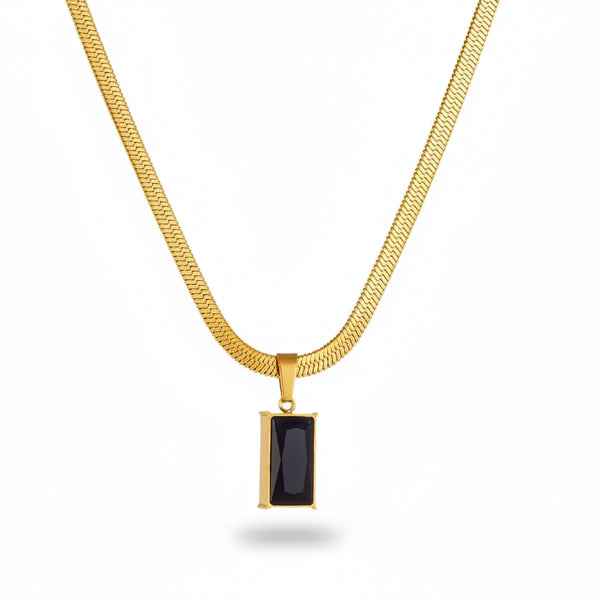 Gold Herringbone Necklace | Chic Black Rectangle Pendant Jewelry