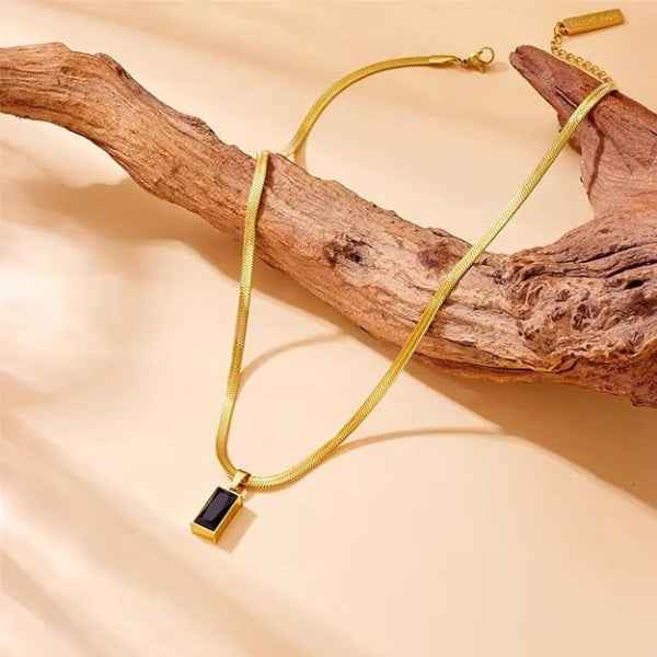 Gold Herringbone Necklace | Chic Black Rectangle Pendant Jewelry