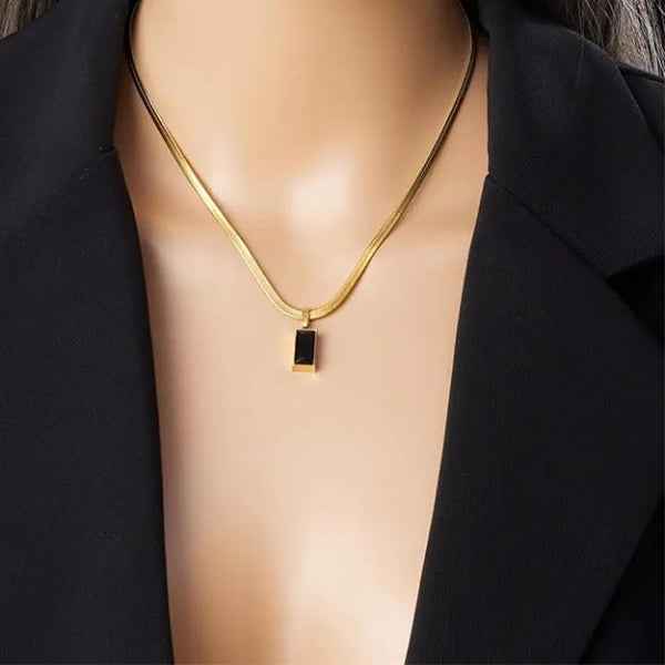 Gold Herringbone Necklace | Chic Black Rectangle Pendant Jewelry