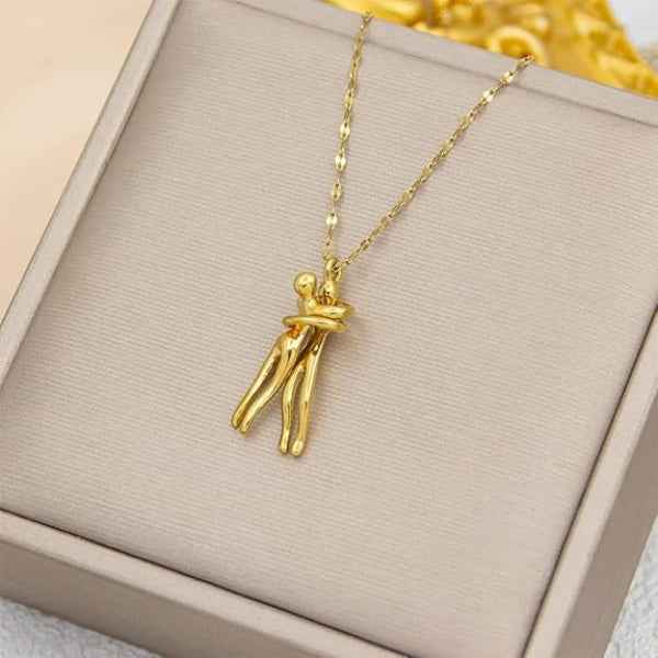 Gold Hugging Necklace - Meaningful Couple Embrace Pendant Jewelry