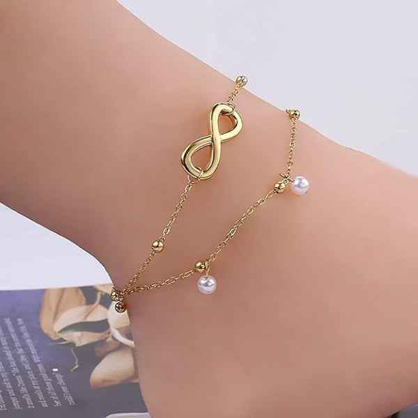 Dainty Gold Infinity Pearl Anklet - Boho Layered Foot Jewelry Gift