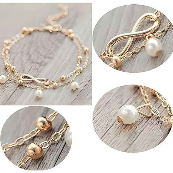 Dainty Gold Infinity Pearl Anklet - Boho Layered Foot Jewelry Gift