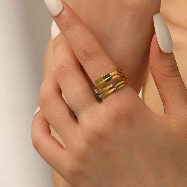 Gold Layer Ring - Shimmering Triple Band Open Wrap Statement Ring