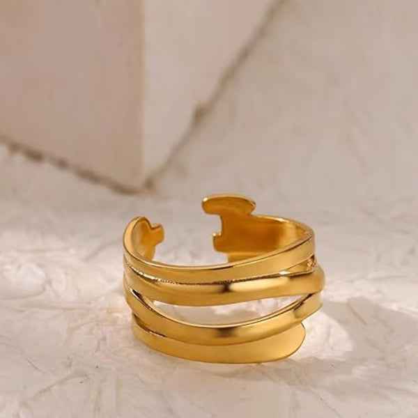 Gold Layer Ring - Shimmering Triple Band Open Wrap Statement Ring