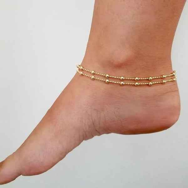Dainty Gold Layered Ball Anklet - Sparkling Double Chain Foot Jewelry