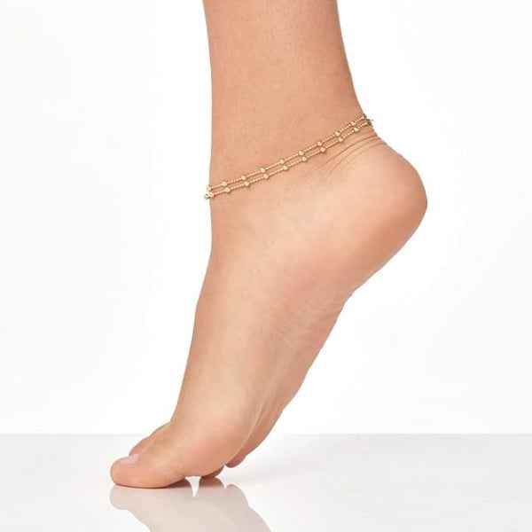 Dainty Gold Layered Ball Anklet - Sparkling Double Chain Foot Jewelry