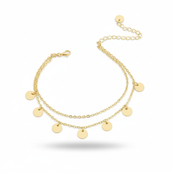Gold Layered Bracelet – Dainty Double Chain Disc Charms Jewelry
