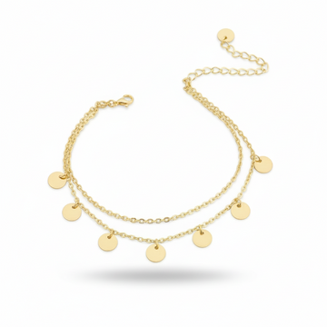 Gold Layered Bracelet – Dainty Double Chain Disc Charms Jewelry