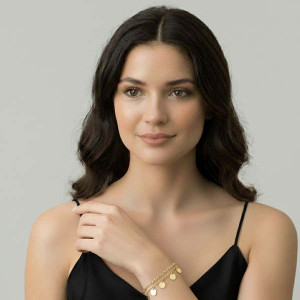 Gold Layered Bracelet with Disc Charms – Dainty Double Chain Jewelry