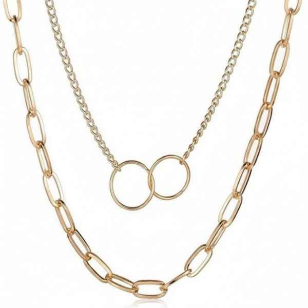 Chic Gold Layered Necklace: Double-Chain & Interlocking Circles