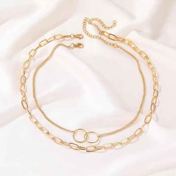 Chic Gold Layered Necklace: Double-Chain & Interlocking Circles