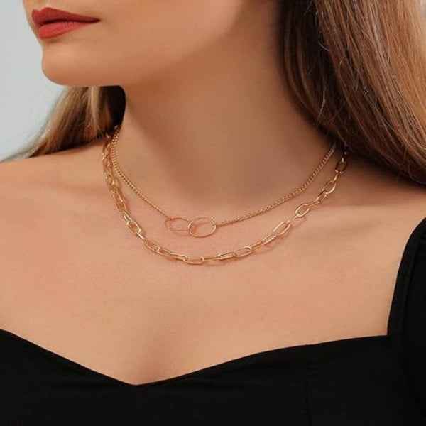 Chic Gold Layered Necklace: Double-Chain & Interlocking Circles