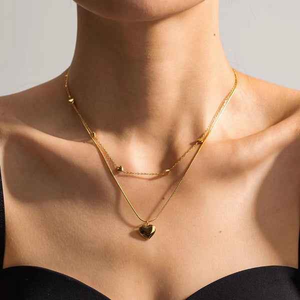 Gold Layered Heart Necklace | Dainty Double Chain Heart Pendant Gift
