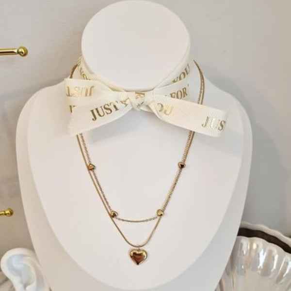 Gold Layered Heart Necklace | Dainty Double Chain Heart Pendant Gift