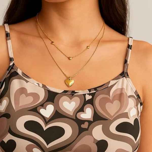 Gold Layered Heart Necklace | Dainty Double Chain Heart Pendant Gift
