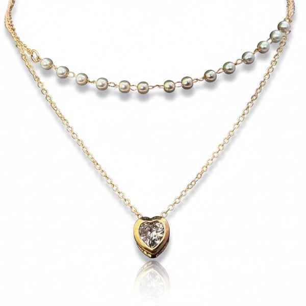 Gold Layered Heart Pearl Necklace | Dainty Crystal Heart Jewelry