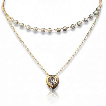 Gold Layered Heart Pearl Necklace | Dainty Crystal Heart Jewelry