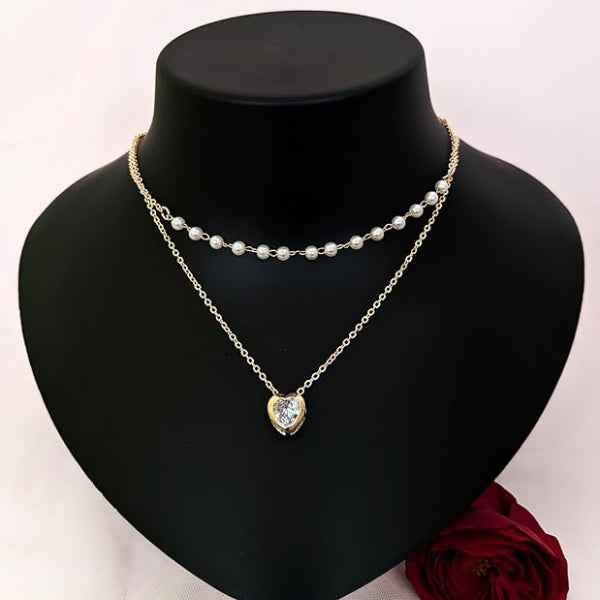 Gold Layered Heart Pearl Necklace | Dainty Crystal Heart Jewelry