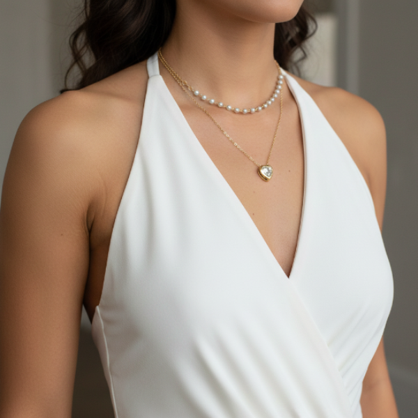 Gold Layered Heart Pearl Necklace | Dainty Crystal Heart Jewelry