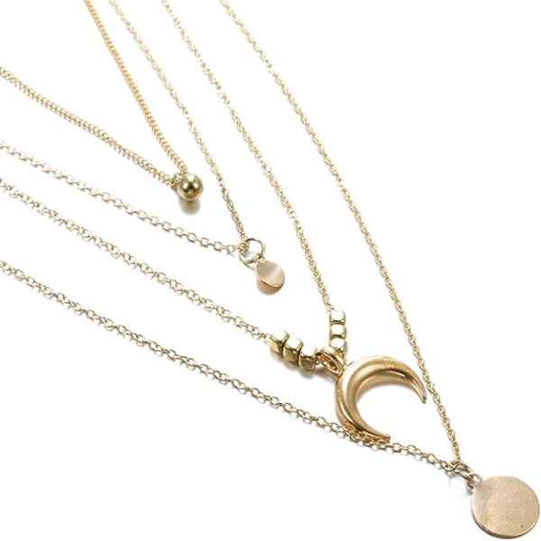 Elegant Gold Layered Necklace with Crescent Moon Charm & Delicate Pendants