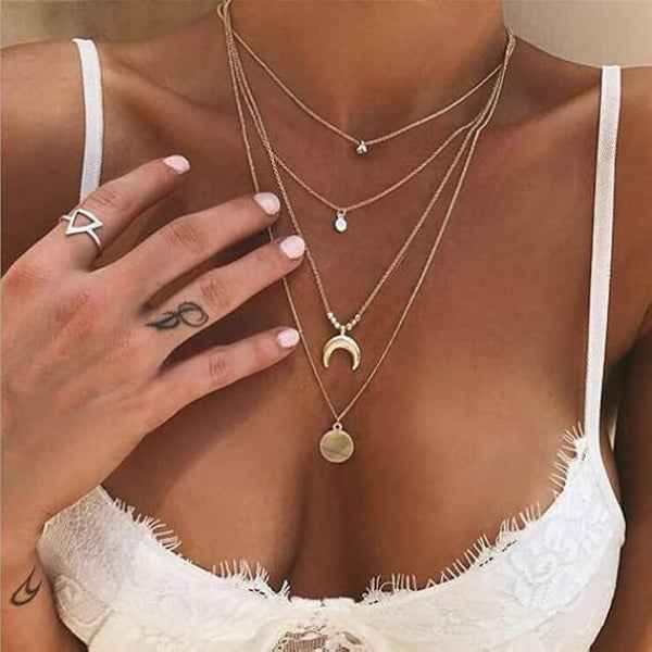 Elegant Gold Layered Necklace with Crescent Moon Charm & Delicate Pendants