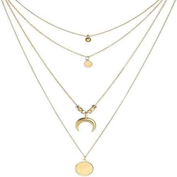 Elegant Gold Layered Necklace with Crescent Moon Charm & Delicate Pendants