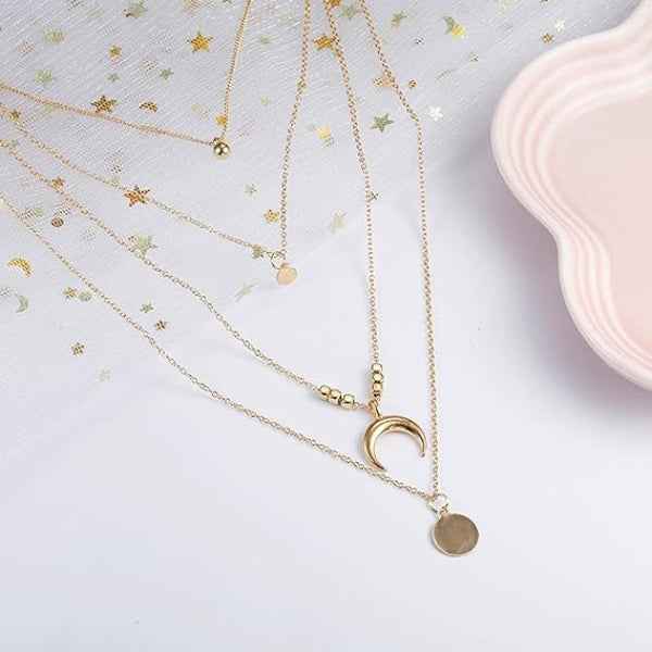 Elegant Gold Layered Necklace with Crescent Moon Charm & Delicate Pendants