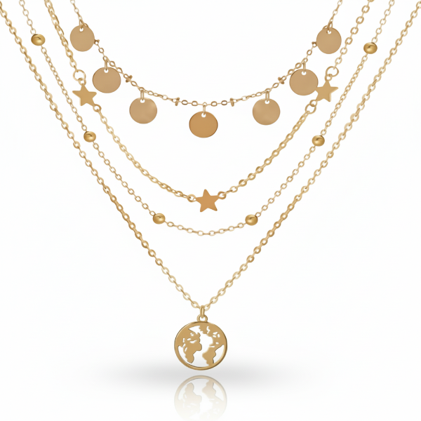 Gold Plated Layered Necklace – Elegant Dainty World Map Pendant Jewelry