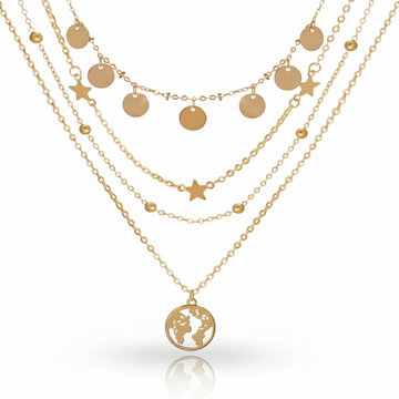Gold Plated Layered Necklace – Elegant Dainty World Map Pendant Jewelry