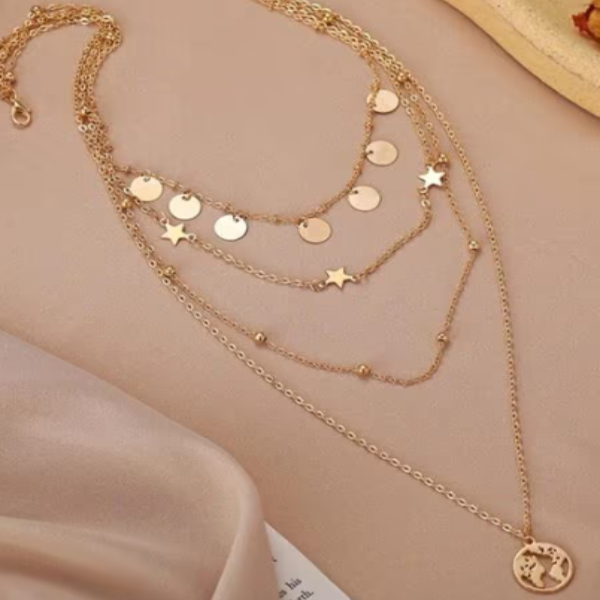 Gold Plated Layered Necklace – Elegant Dainty World Map Pendant Jewelry