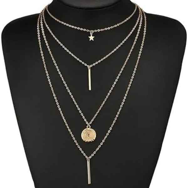 Trendy Layered Star Necklace | Gold Tone Multi-Charm Jewelry