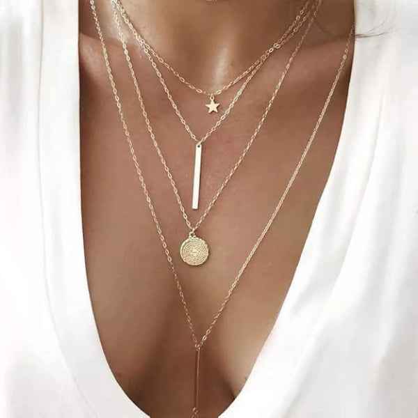 Trendy Layered Star Necklace | Gold Tone Multi-Charm Jewelry