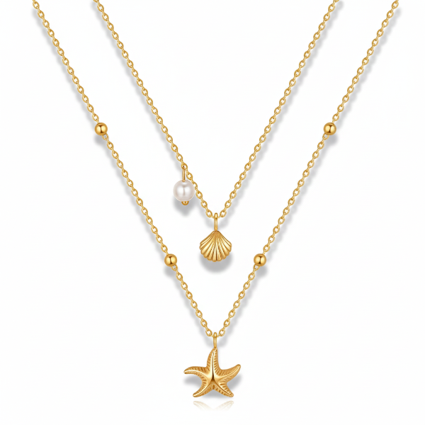 Gold Plated Layered Necklace - Beach Shell Jewelry with Starfish Charm Pendant