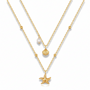 Gold Plated Layered Necklace - Beach Shell Jewelry with Starfish Charm Pendant