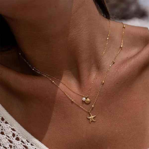 Gold Layered Necklace - Beach Shell Jewelry with Starfish Charm Pendant