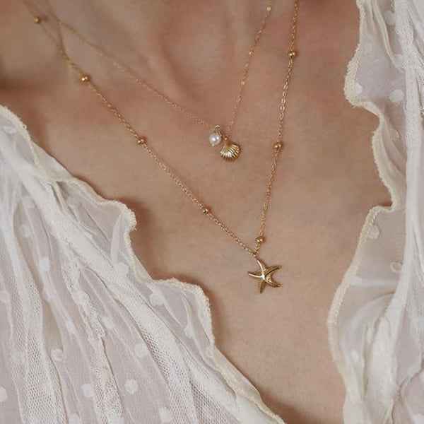 Gold Layered Necklace - Beach Shell Jewelry with Starfish Charm Pendant