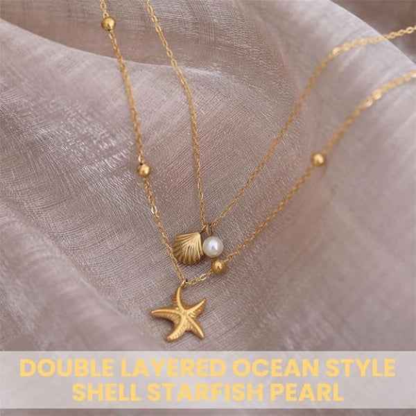 Gold Layered Necklace - Beach Shell Jewelry with Starfish Charm Pendant