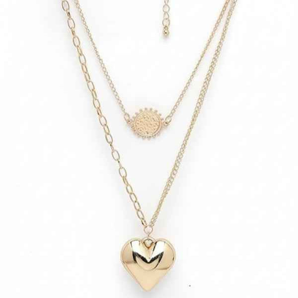 Gold Layered Necklace: Sun Charm & Chunky Heart Pendant Set