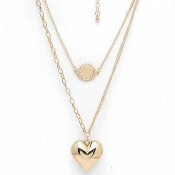 Gold Layered Necklace: Sun Charm & Chunky Heart Pendant Set