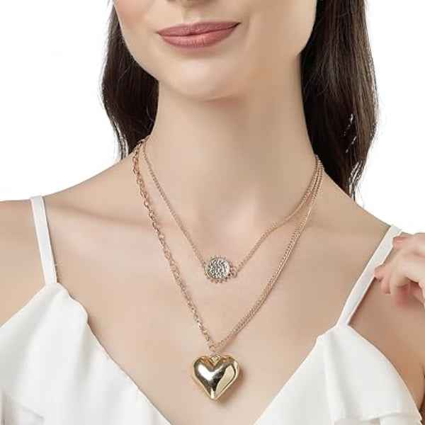 Gold Layered Necklace: Sun Charm & Chunky Heart Pendant Set