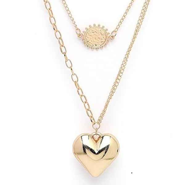 Gold Layered Necklace: Sun Charm & Chunky Heart Pendant Set