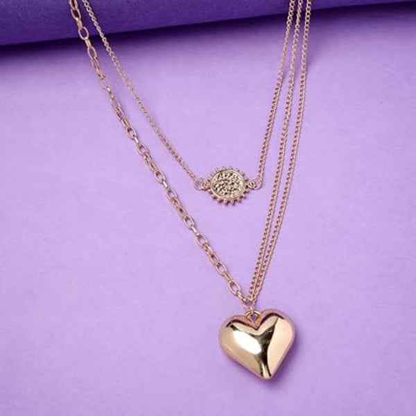 Gold Layered Necklace: Sun Charm & Chunky Heart Pendant Set