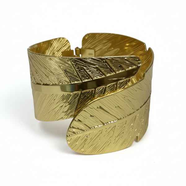 Gold Leaf Cuff: Wide Nature-Inspired Engraved Statement Bangle